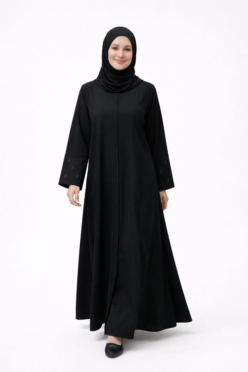 BLOOM BLACK – Premium Black Floral Embroidered Abaya with Hijab | Free Size | AARUH