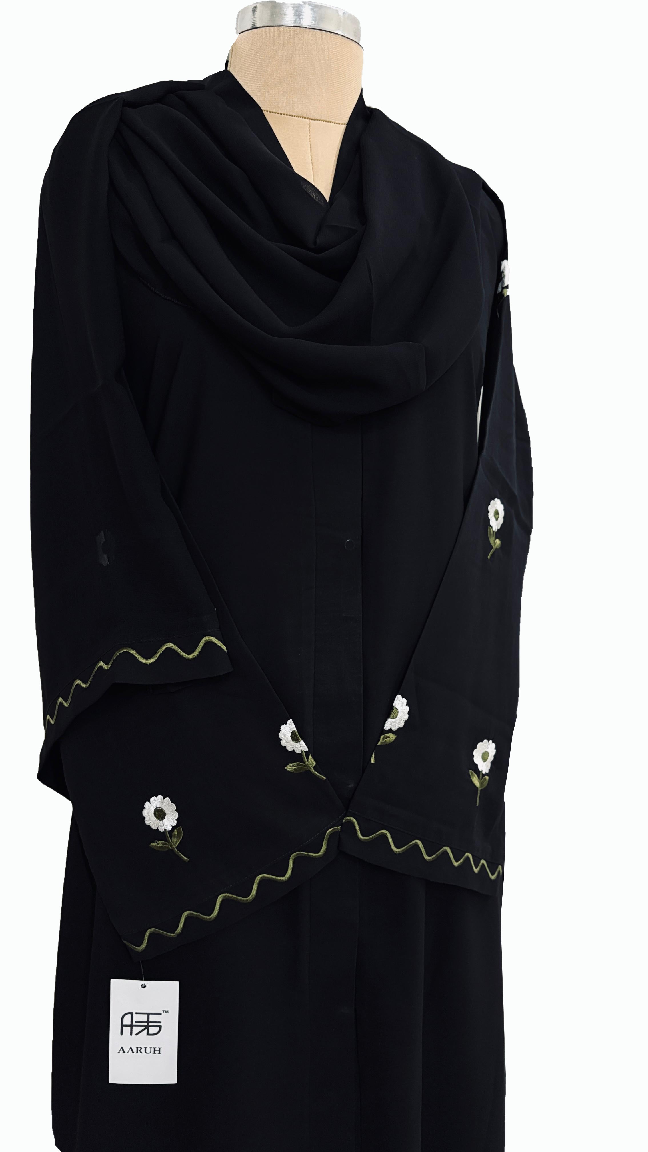 WAVES GREEN – Premium Black Embroidered Abaya with Matching Hijab | V Neck | Free Size | AARUH