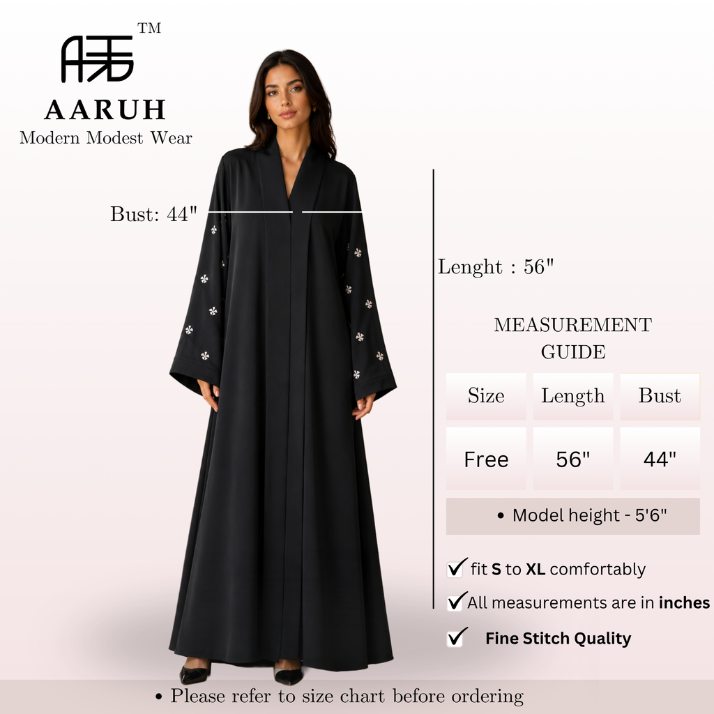 KIMONO BLACK PETAL 333 – Premium Embroidered Kimono Style Abaya | V Neck | Without Hijab | Free Size | AARUH