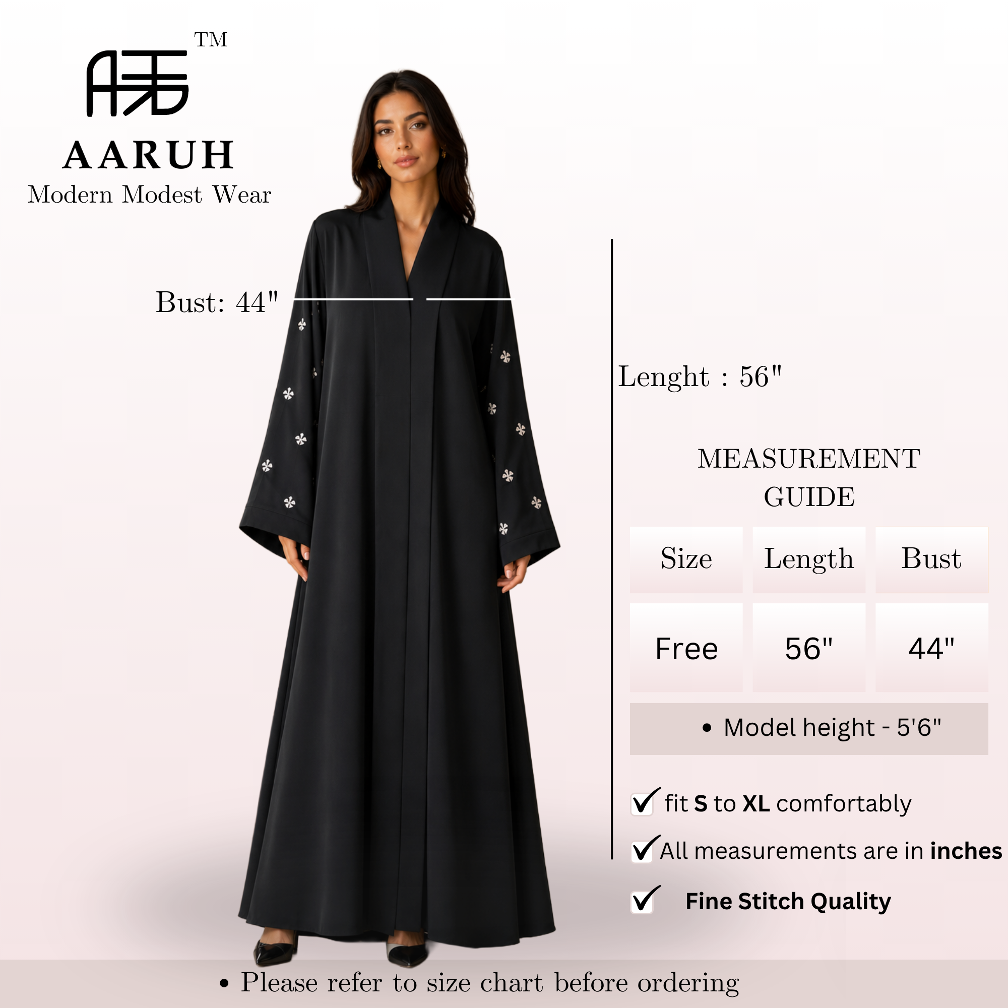 KIMONO BLACK PETAL 333 – Premium Embroidered Kimono Style Abaya | V Neck | Without Hijab | Free Size | AARUH