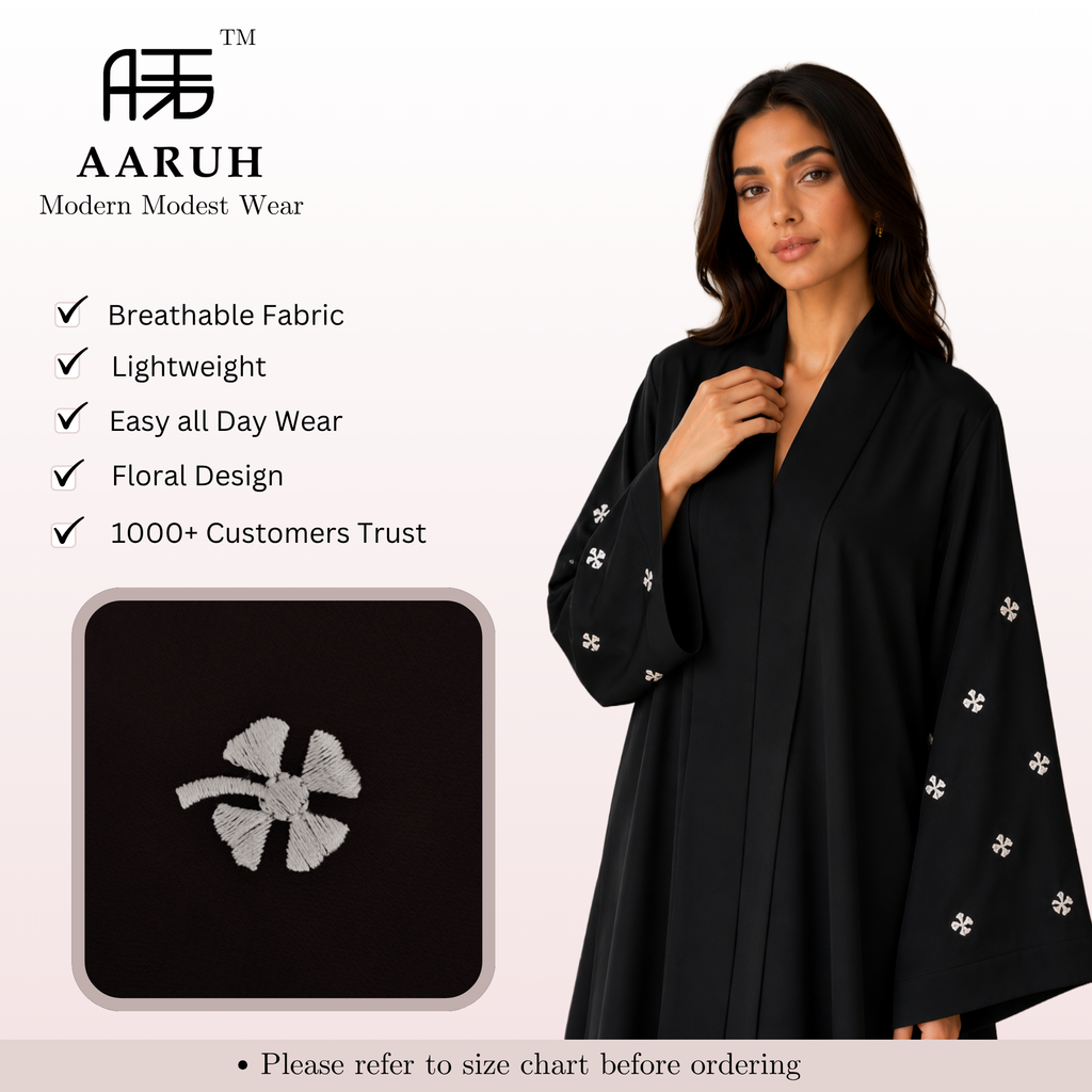 KIMONO BLACK PETAL 333 – Premium Embroidered Kimono Style Abaya | V Neck | Without Hijab | Free Size | AARUH