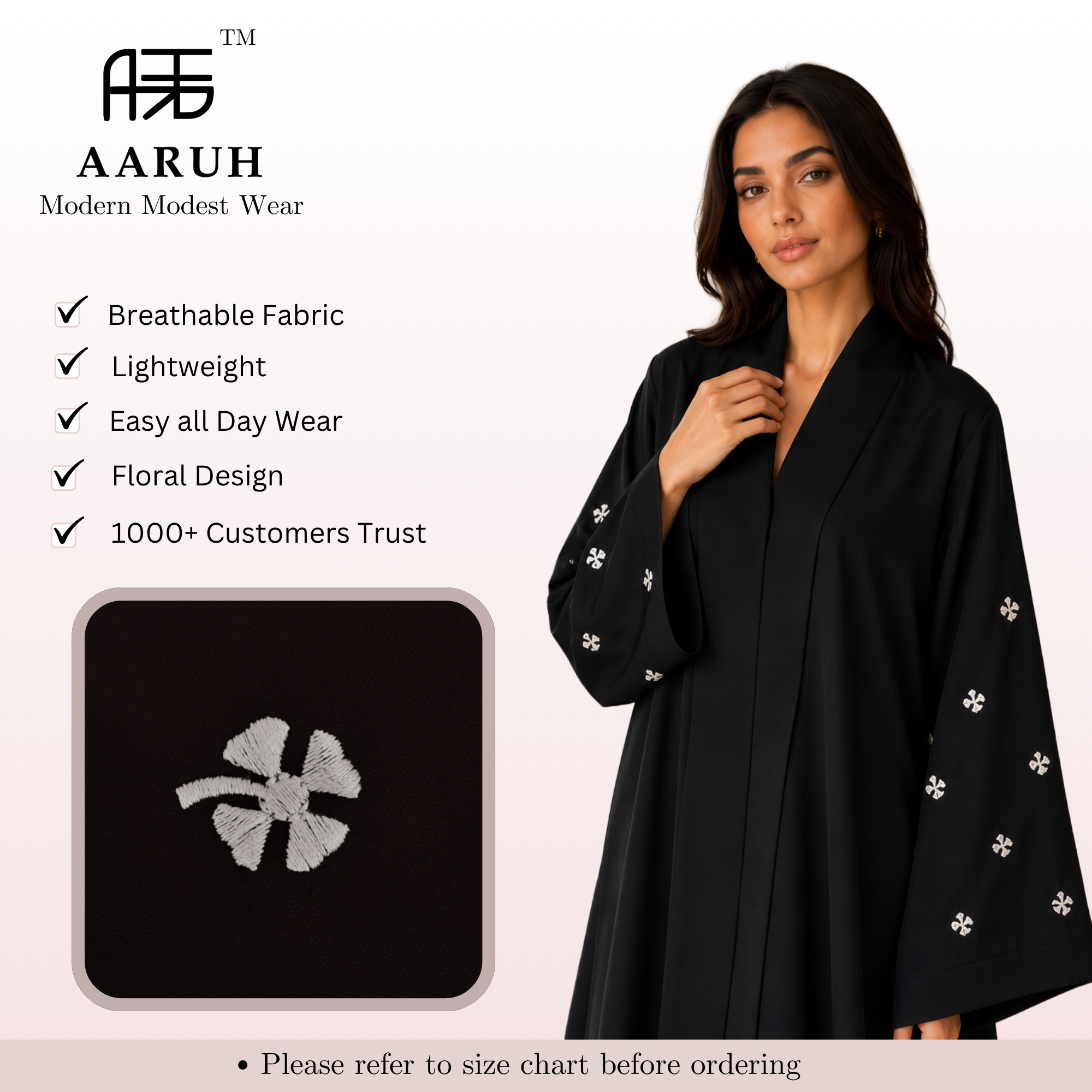 KIMONO BLACK PETAL 333 – Premium Embroidered Kimono Style Abaya | V Neck | Without Hijab | Free Size | AARUH