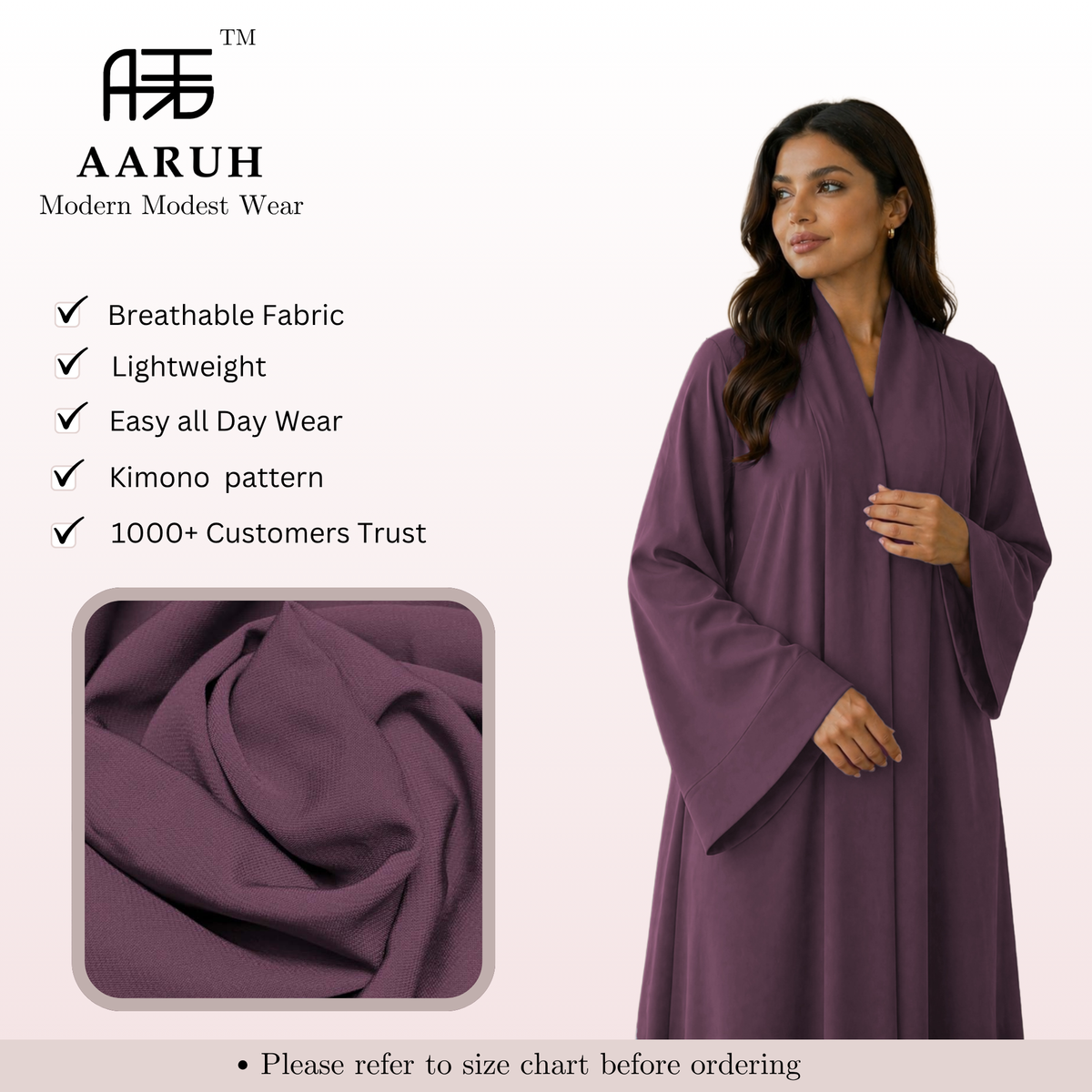 KIMONO PURPLE – Premium Purple Kimono Style Abaya | V Neck | Without Hijab | Free Size | AARUH