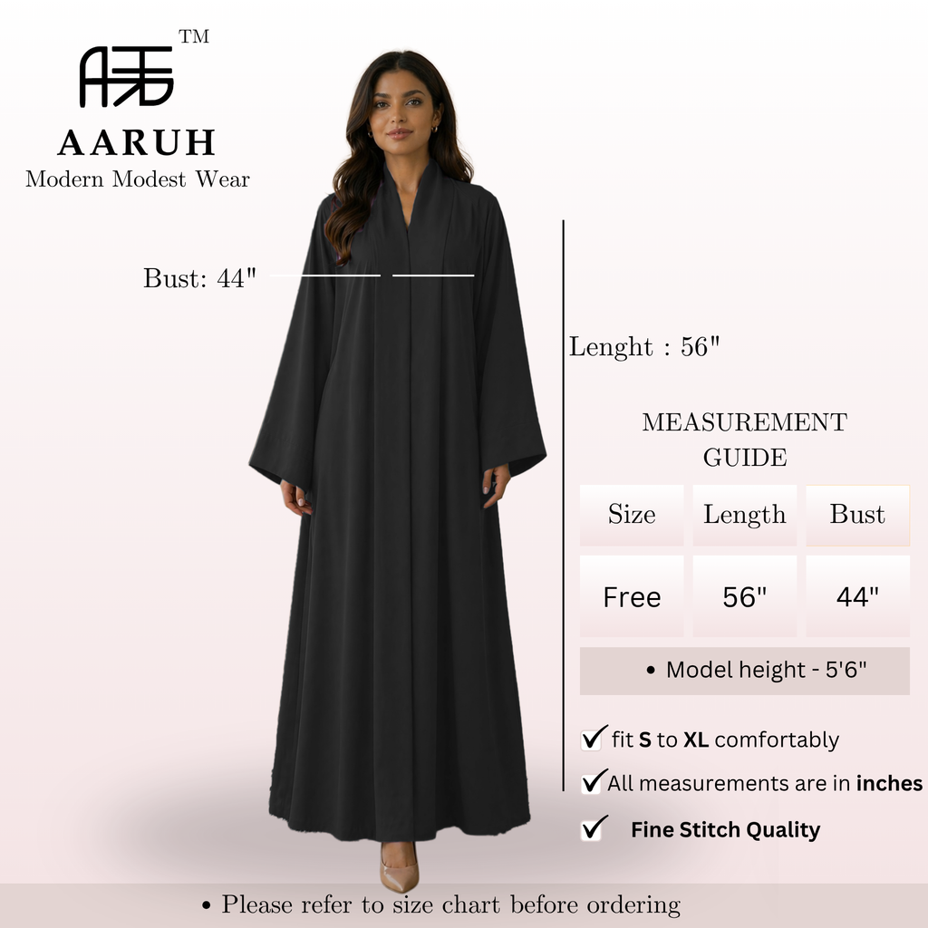 KIMONO BLACK – Premium Black Kimono Style Abaya | V Neck | Without Hijab | Free Size | AARUH