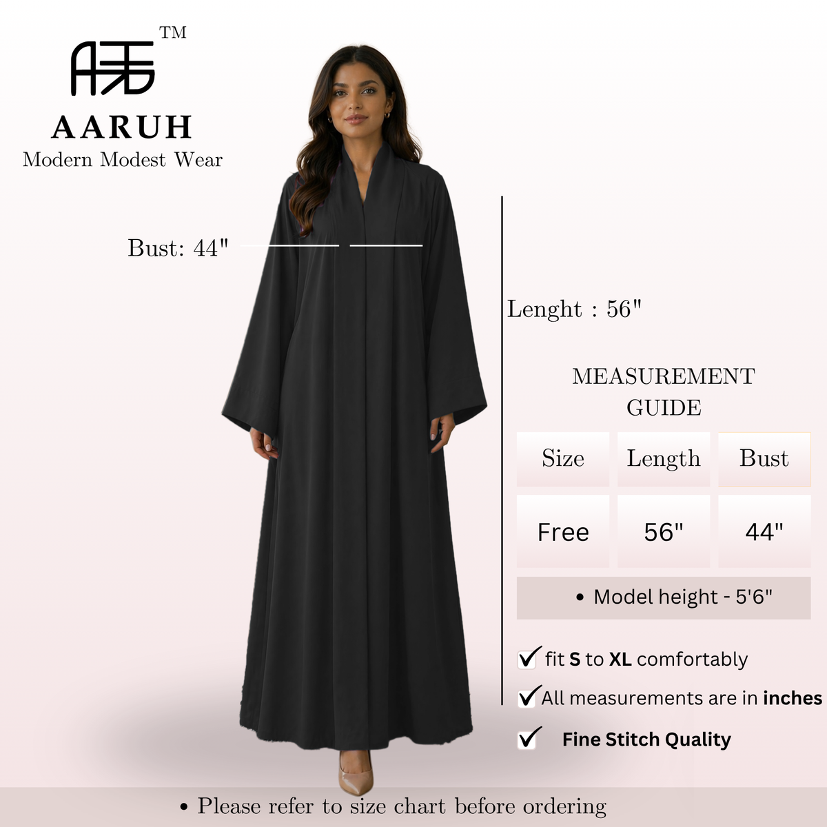 KIMONO BLACK – Premium Black Kimono Style Abaya | V Neck | Without Hijab | Free Size | AARUH