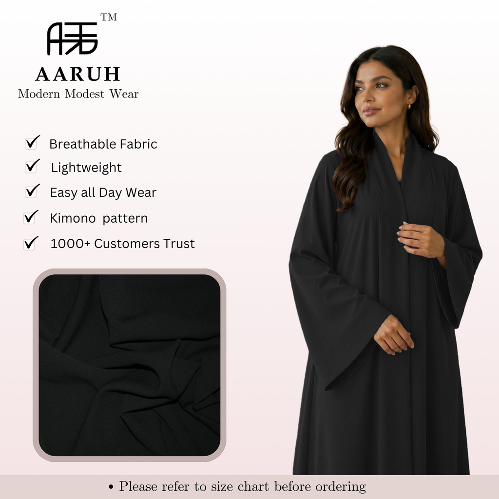 KIMONO BLACK – Premium Black Kimono Style Abaya | V Neck | Without Hijab | Free Size | AARUH
