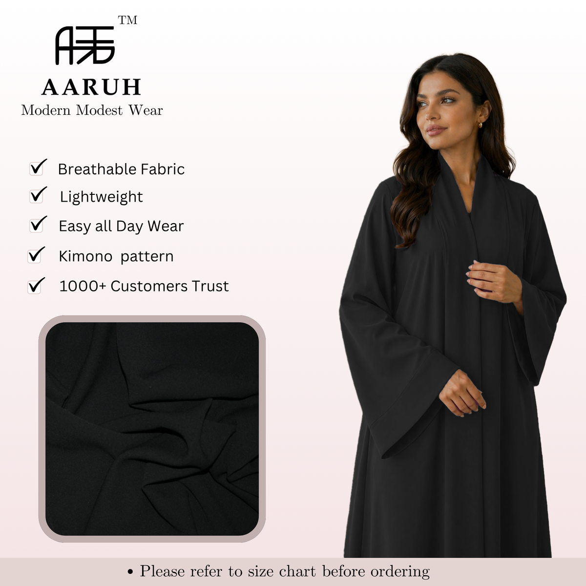 KIMONO BLACK – Premium Black Kimono Style Abaya | V Neck | Without Hijab | Free Size | AARUH