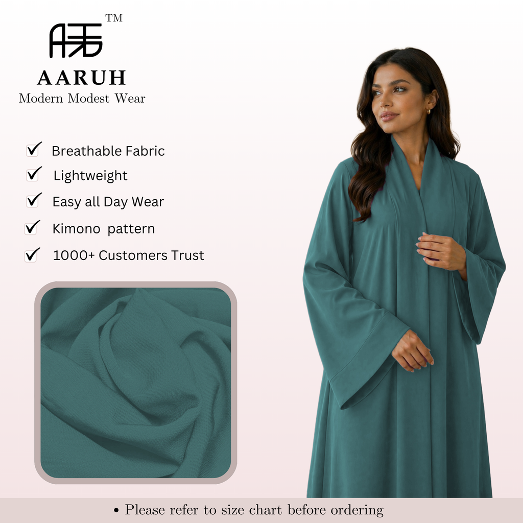 KIMONO TEAL – Premium Teal Kimono Style Abaya | V Neck | Without Hijab | Free Size | AARUH