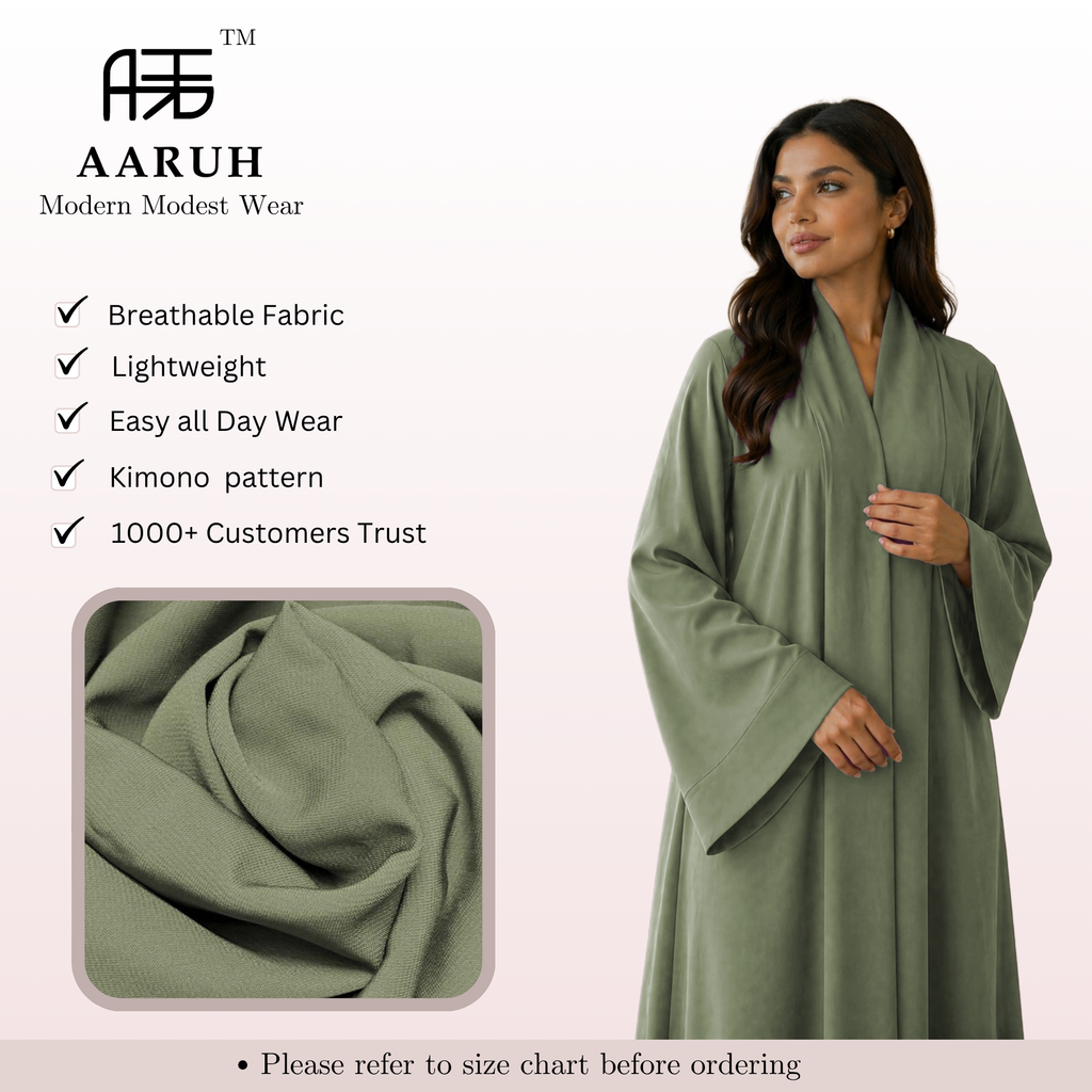 KIMONO GREEN – Premium Green Kimono Style Abaya | V Neck | Without Hijab | Free Size | AARUH