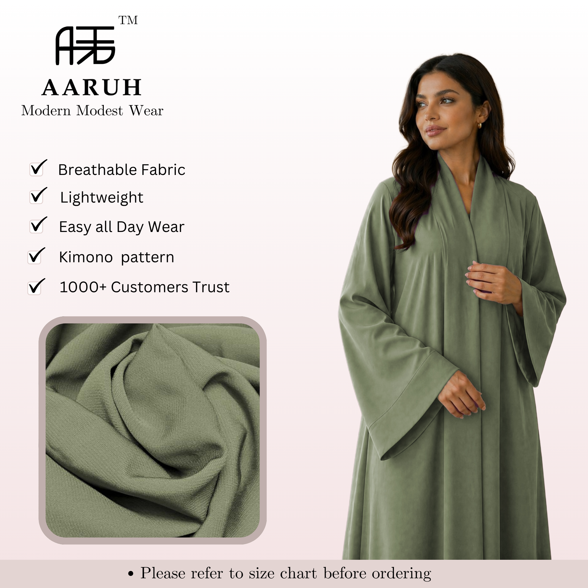 KIMONO GREEN – Premium Green Kimono Style Abaya | V Neck | Without Hijab | Free Size | AARUH