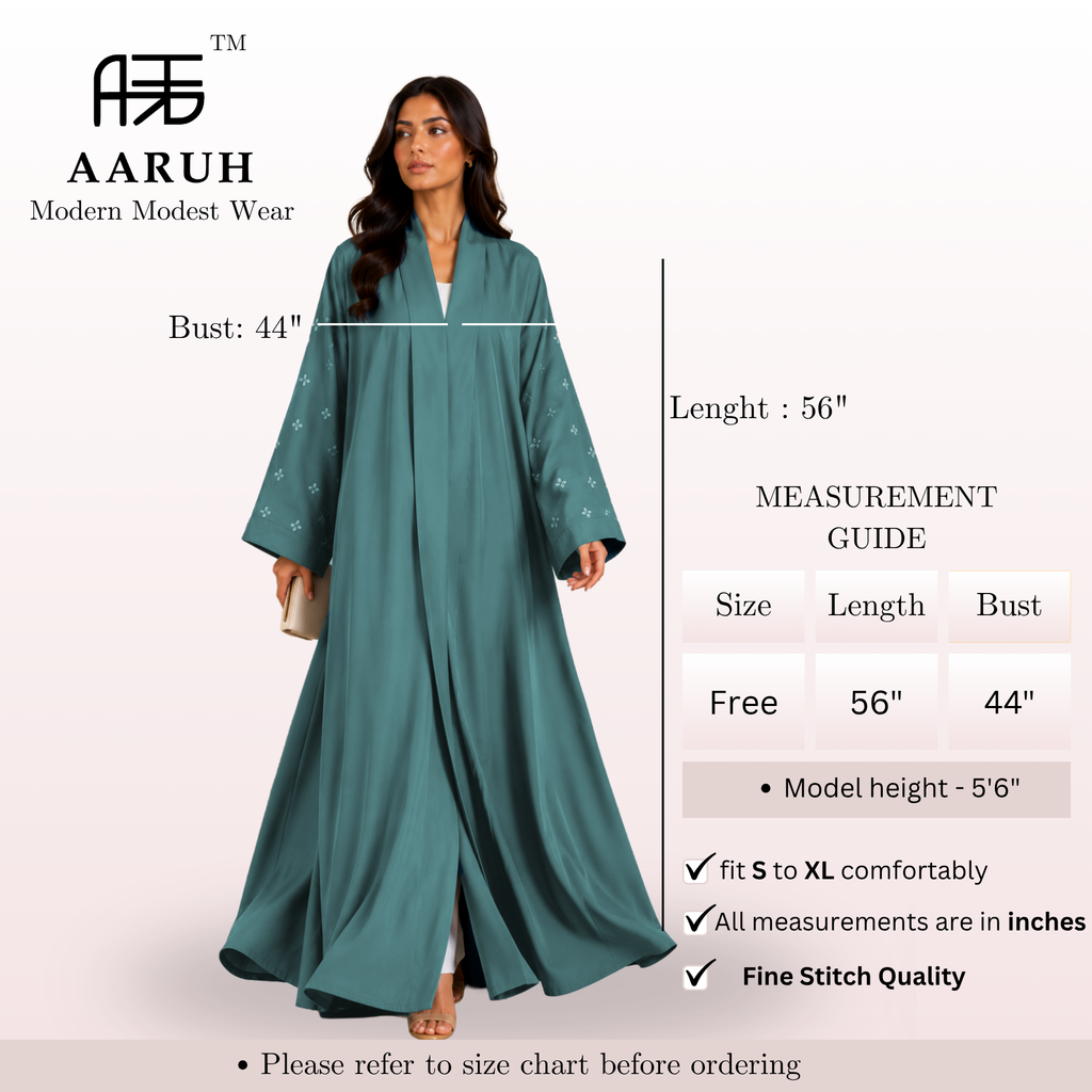 KIMONO TEAL PETAL – Premium Embroidered Kimono Style Abaya | V Neck | Without Hijab | Free Size | AARUH
