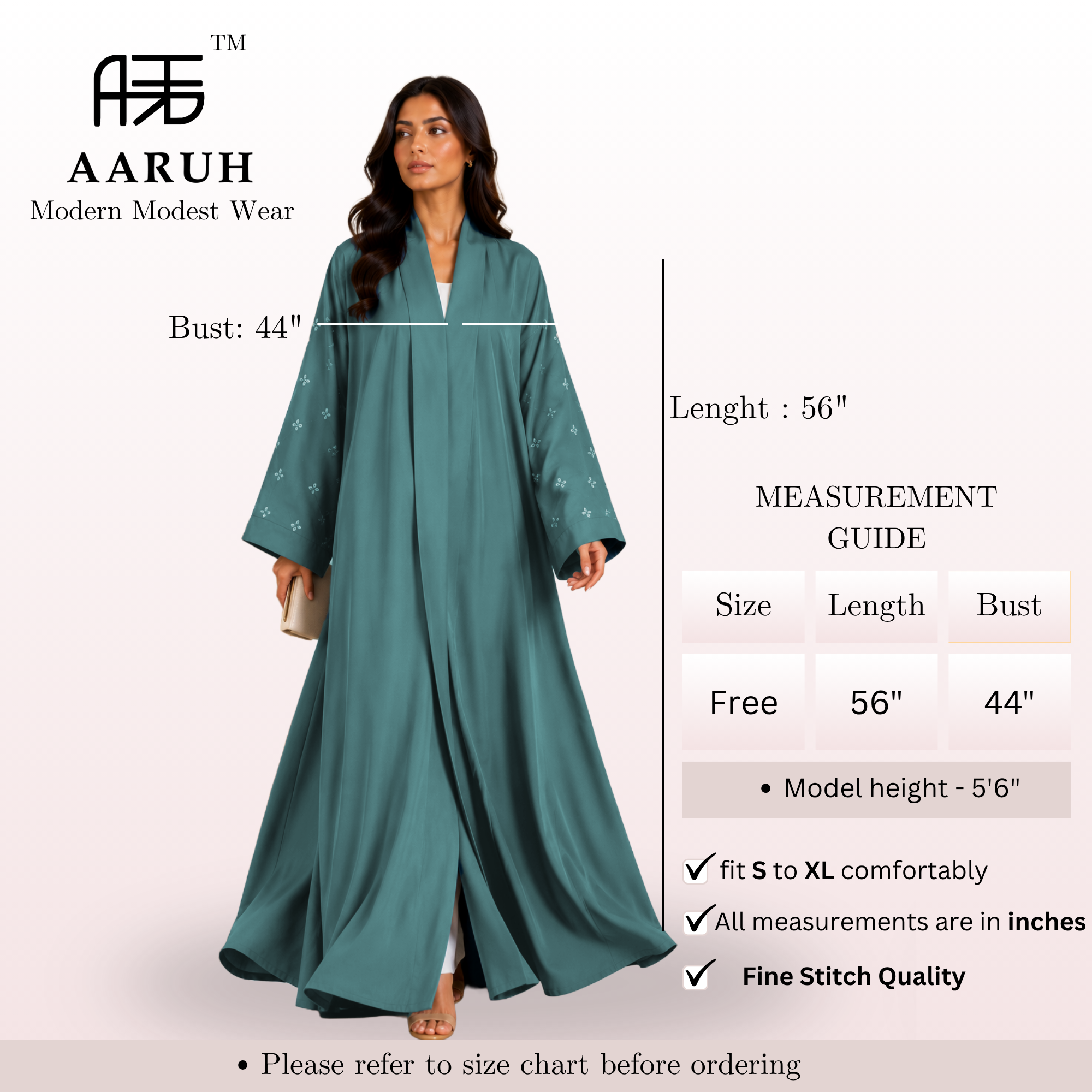 KIMONO TEAL PETAL – Premium Embroidered Kimono Style Abaya | V Neck | Without Hijab | Free Size | AARUH