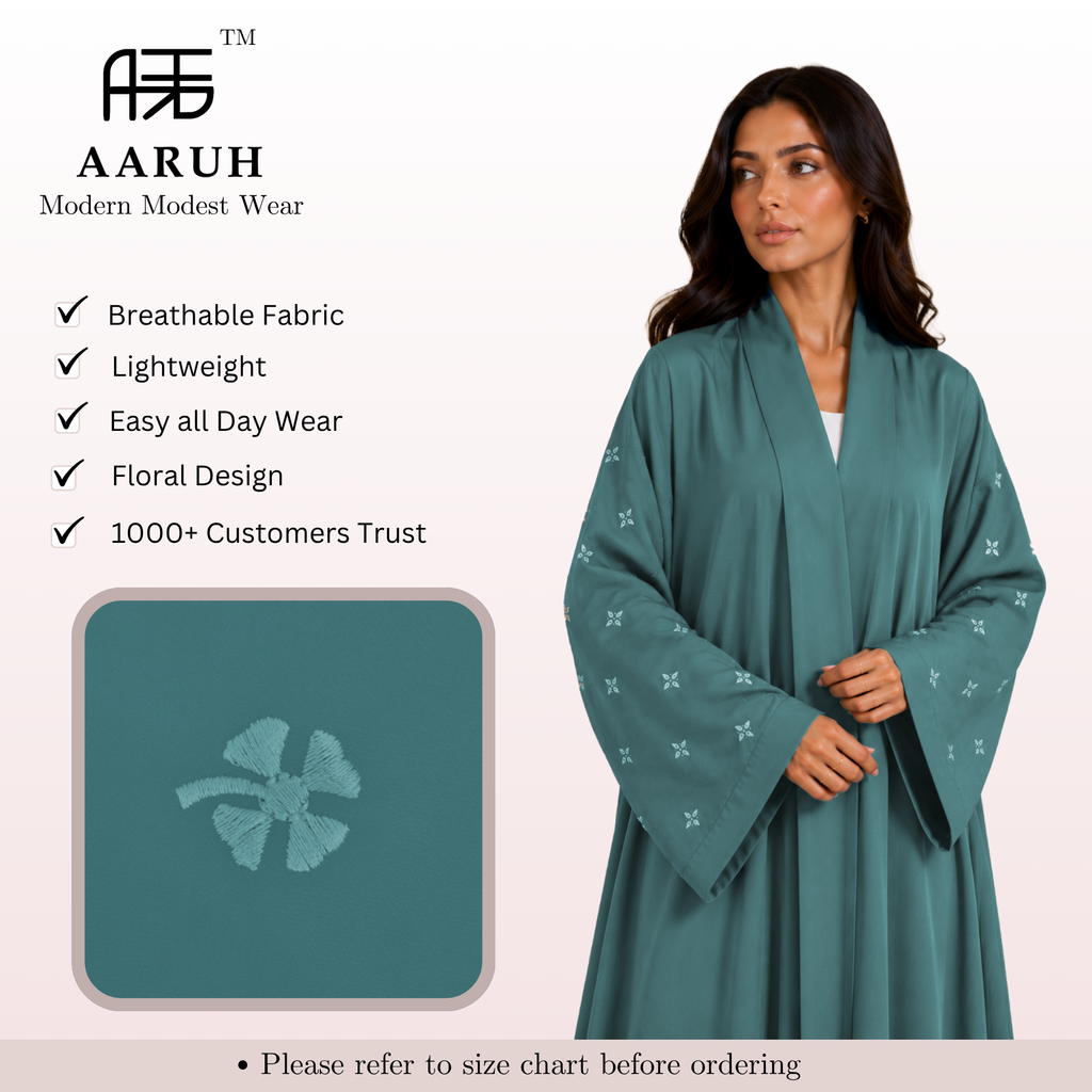 KIMONO TEAL PETAL – Premium Embroidered Kimono Style Abaya | V Neck | Without Hijab | Free Size | AARUH