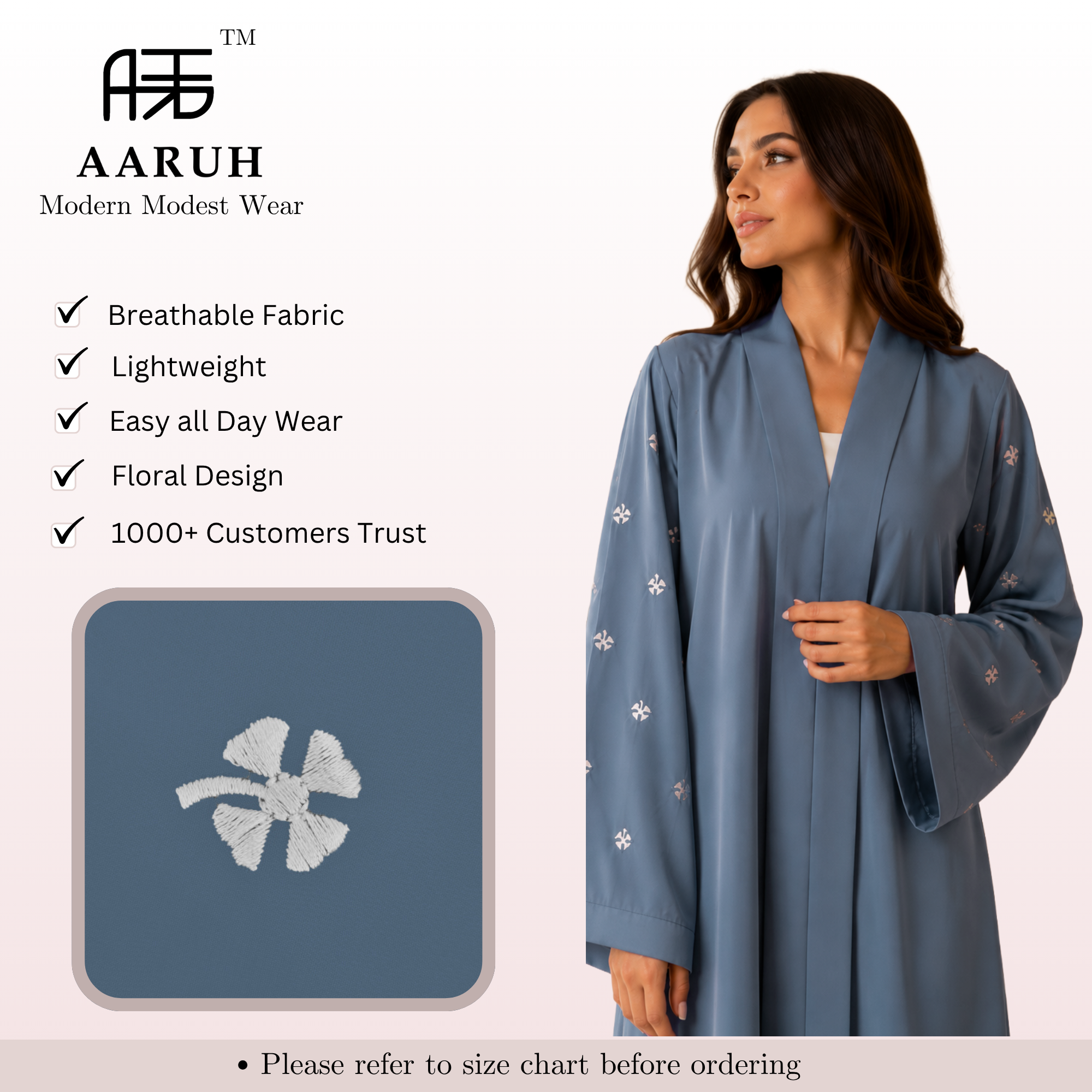 KIMONO GREY PETAL – Premium Embroidered Kimono Style Abaya | V Neck | Without Hijab | Free Size | AARUH
