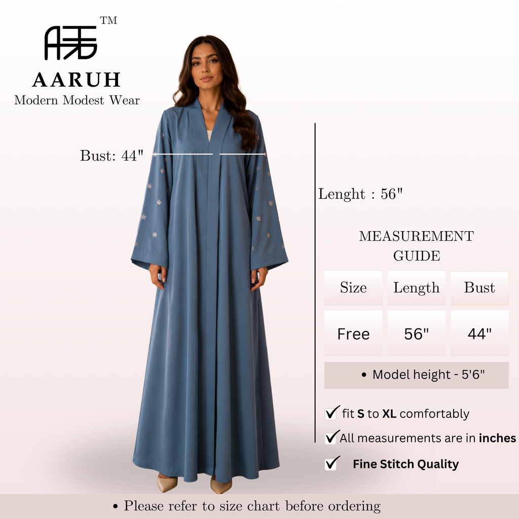 KIMONO GREY PETAL – Premium Embroidered Kimono Style Abaya | V Neck | Without Hijab | Free Size | AARUH
