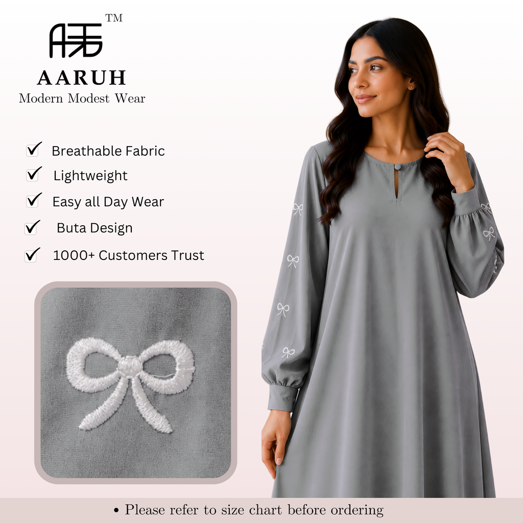 AARUH Women’s Grey Embroidered Abaya | Elegant Bow Sleeve Design | Modest Long Flared Islamic Dress
