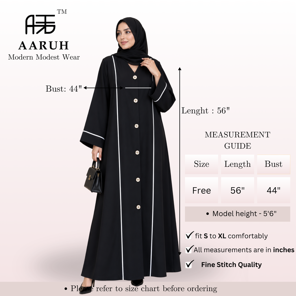 AARUH Black Front Button Abaya with White Piping & Flared Silhouette