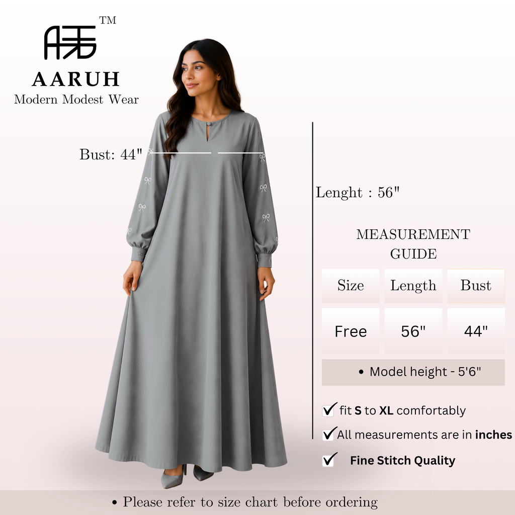 AARUH Women’s Grey Embroidered Abaya | Elegant Bow Sleeve Design | Modest Long Flared Islamic Dress