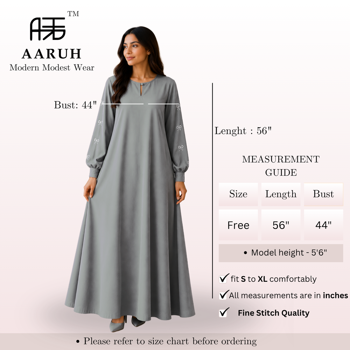 AARUH Women’s Grey Embroidered Abaya | Elegant Bow Sleeve Design | Modest Long Flared Islamic Dress