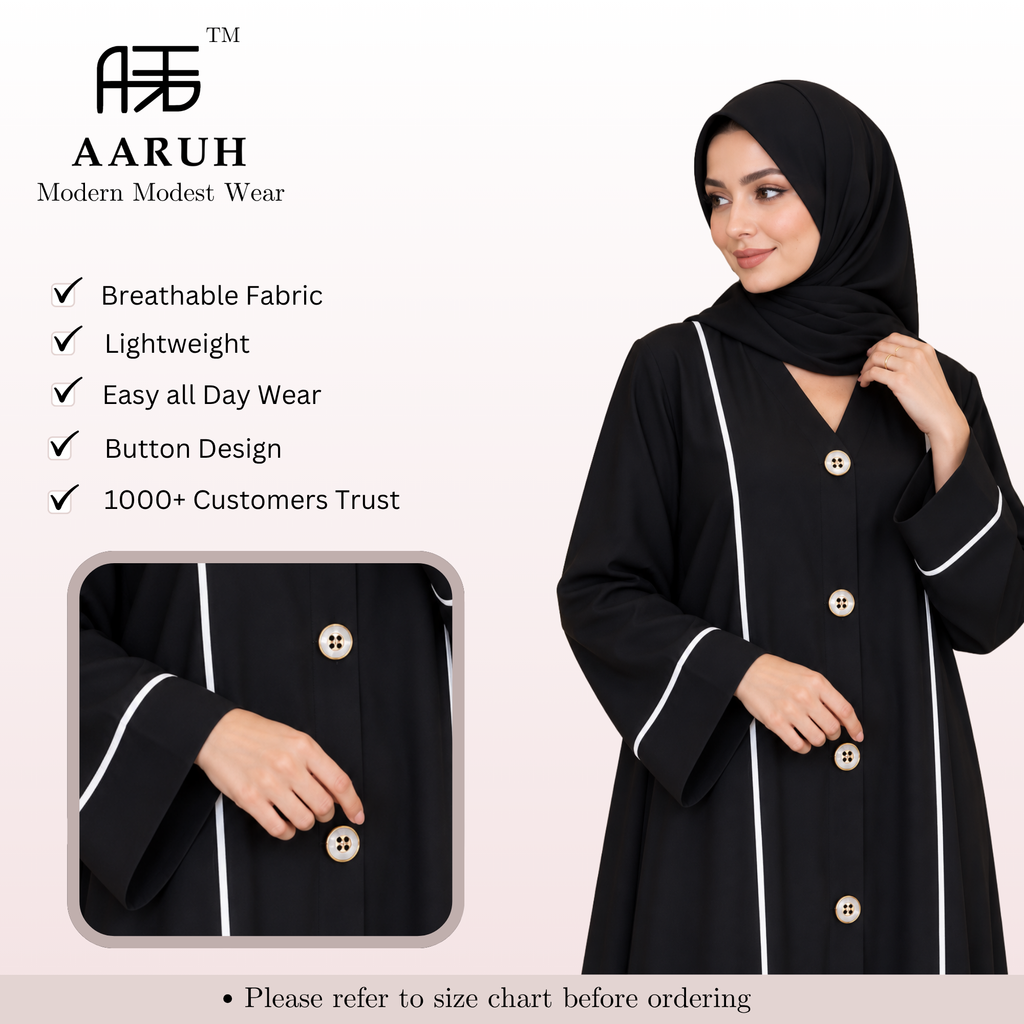 AARUH Black Front Button Abaya with White Piping & Flared Silhouette