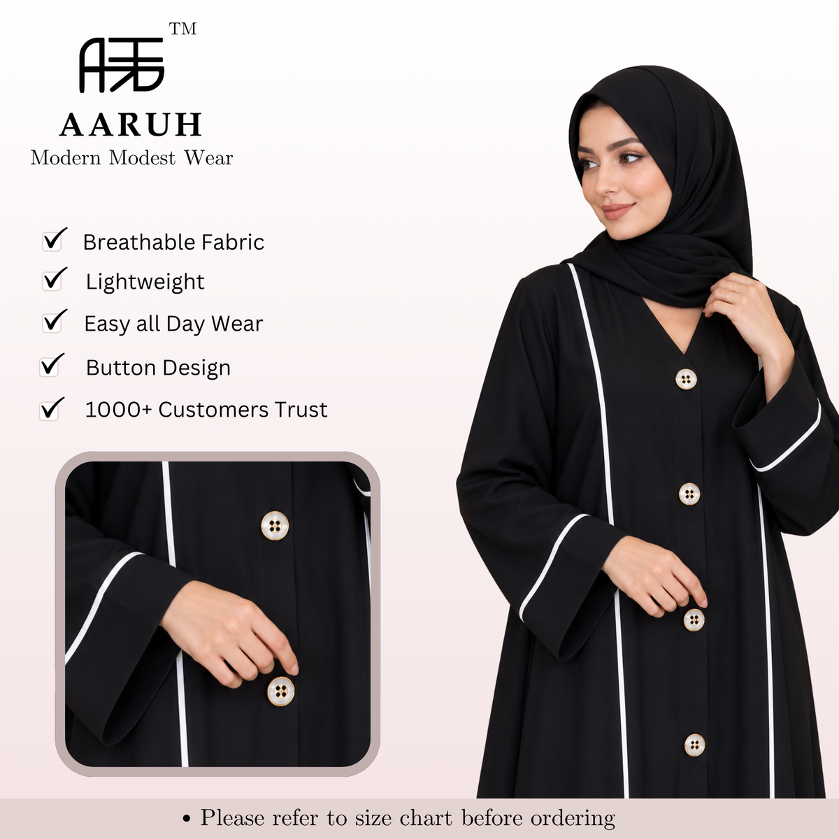 AARUH Black Front Button Abaya with White Piping & Flared Silhouette
