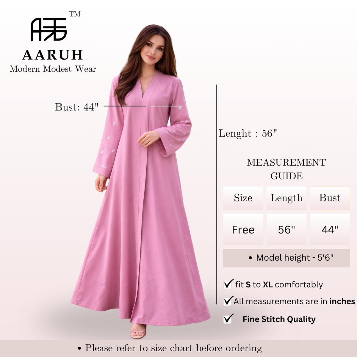 KIMONO BABY PINK PETAL – Premium Embroidered Kimono Style Abaya | V Neck | Without Hijab | Free Size | AARUH