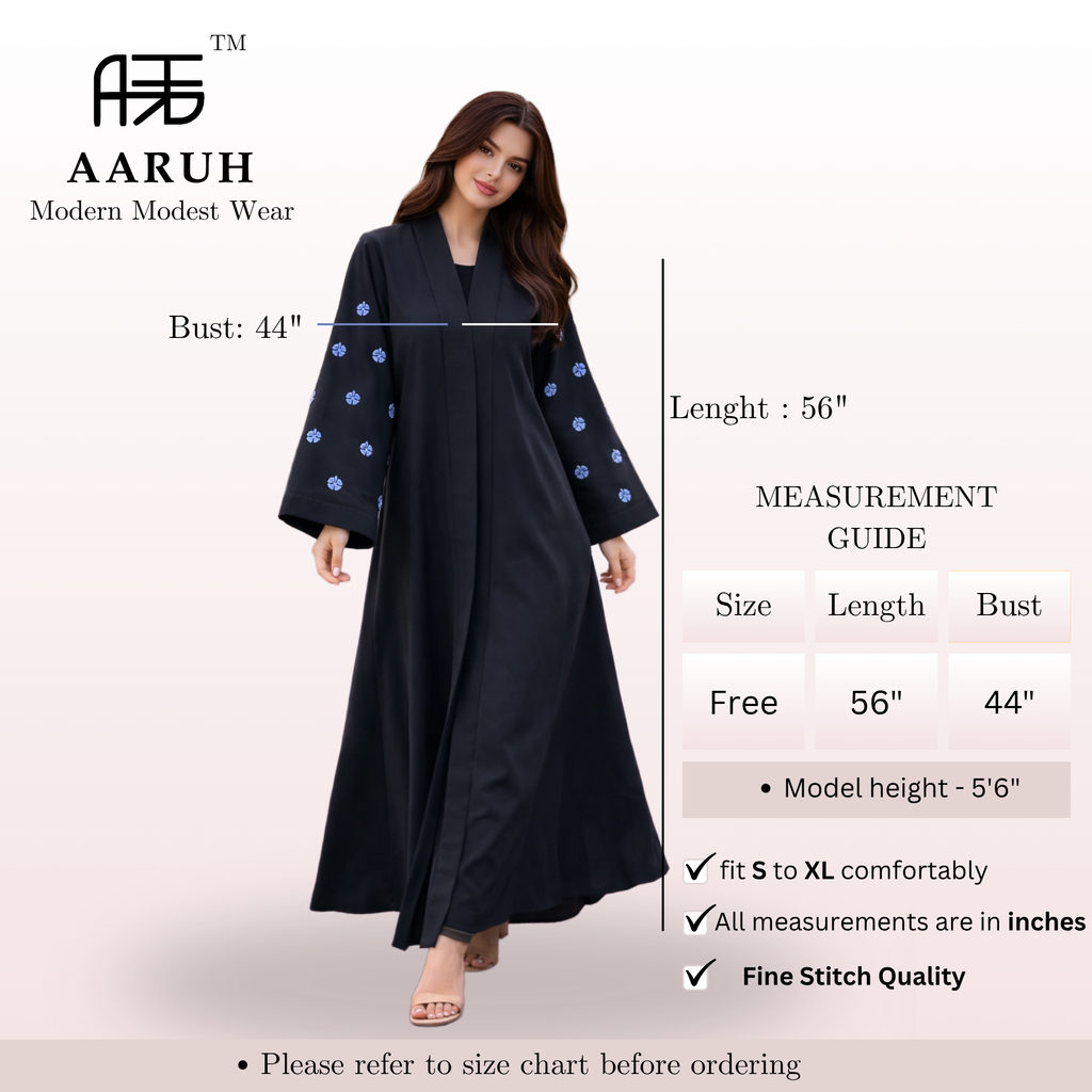 KIMONO BLACK PETAL – Premium Embroidered Kimono Style Abaya | V Neck | Without Hijab | Free Size | AARUH