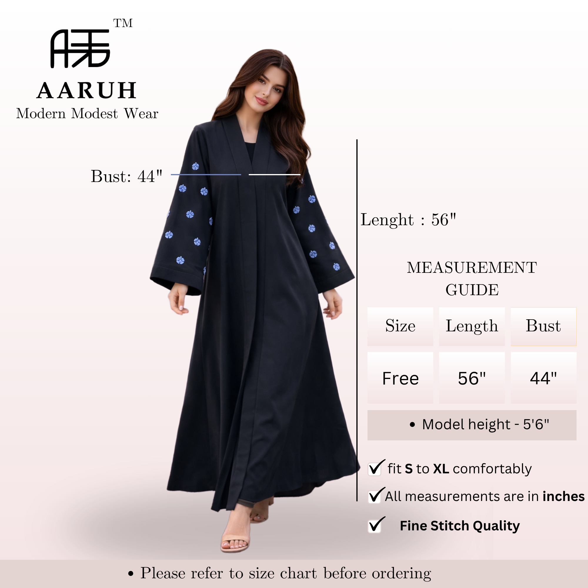 KIMONO BLACK PETAL – Premium Embroidered Kimono Style Abaya | V Neck | Without Hijab | Free Size | AARUH