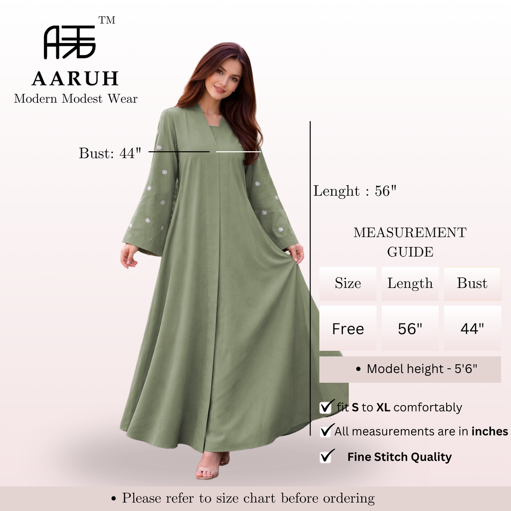 KIMONO GREEN PETAL – Premium Embroidered Kimono Style Abaya | V Neck | Without Hijab | Free Size | AARUH