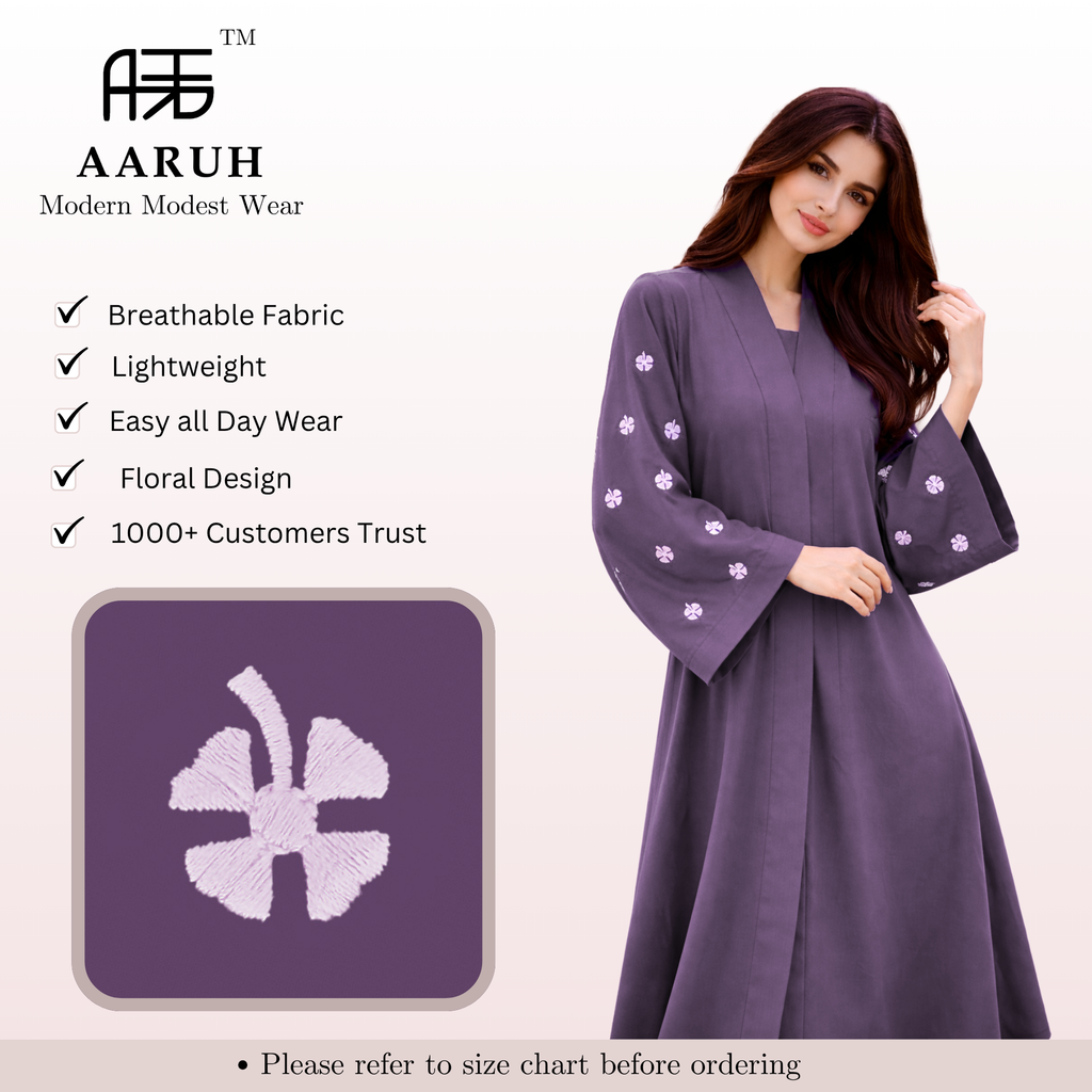 KIMONO LAVENDER PETAL – Premium Embroidered Kimono Style Abaya | V Neck | Without Hijab | Free Size | AARUH