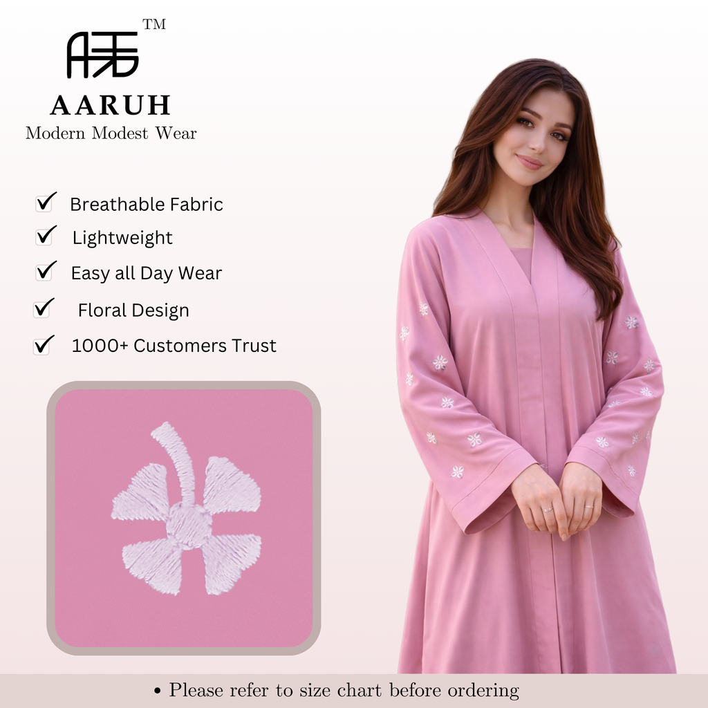 KIMONO BABY PINK PETAL – Premium Embroidered Kimono Style Abaya | V Neck | Without Hijab | Free Size | AARUH