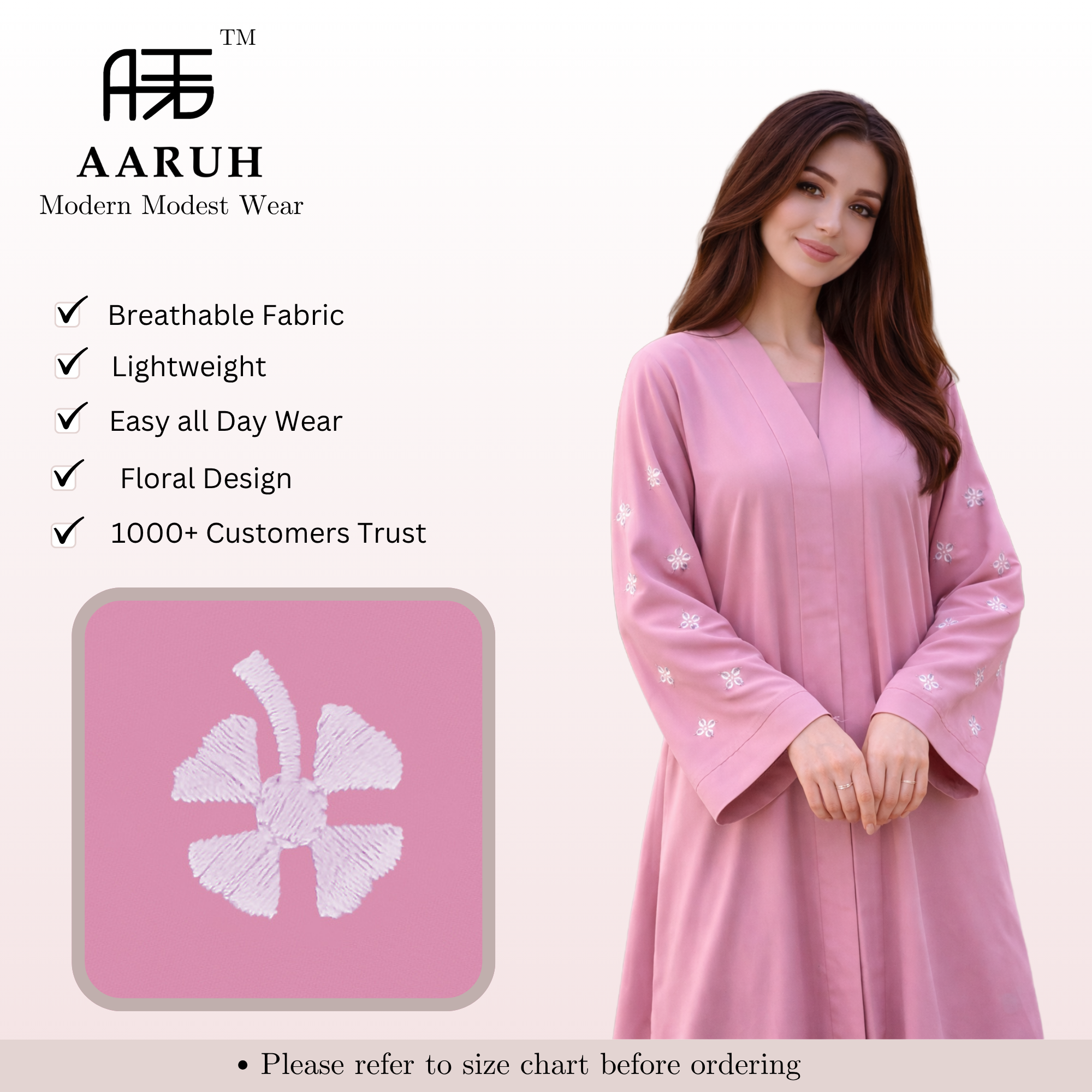 KIMONO BABY PINK PETAL – Premium Embroidered Kimono Style Abaya | V Neck | Without Hijab | Free Size | AARUH