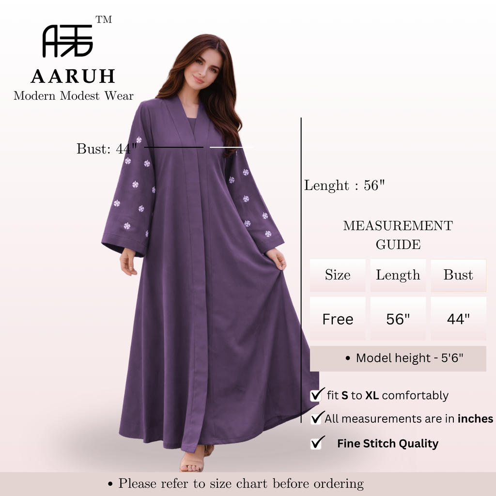 KIMONO LAVENDER PETAL – Premium Embroidered Kimono Style Abaya | V Neck | Without Hijab | Free Size | AARUH
