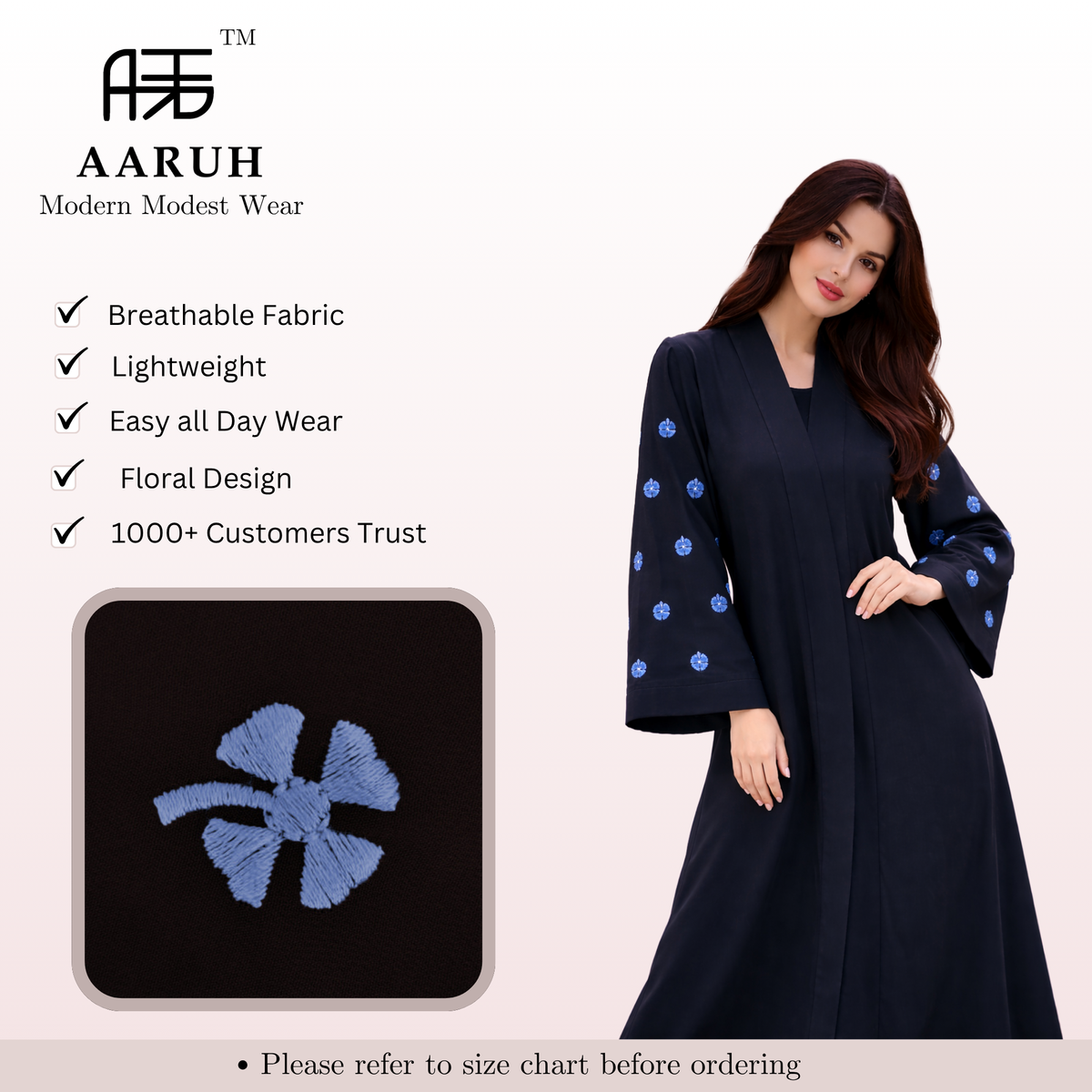 KIMONO BLACK PETAL – Premium Embroidered Kimono Style Abaya | V Neck | Without Hijab | Free Size | AARUH