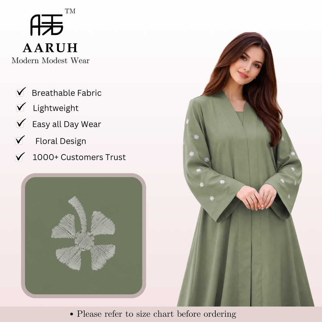 KIMONO GREEN PETAL – Premium Embroidered Kimono Style Abaya | V Neck | Without Hijab | Free Size | AARUH
