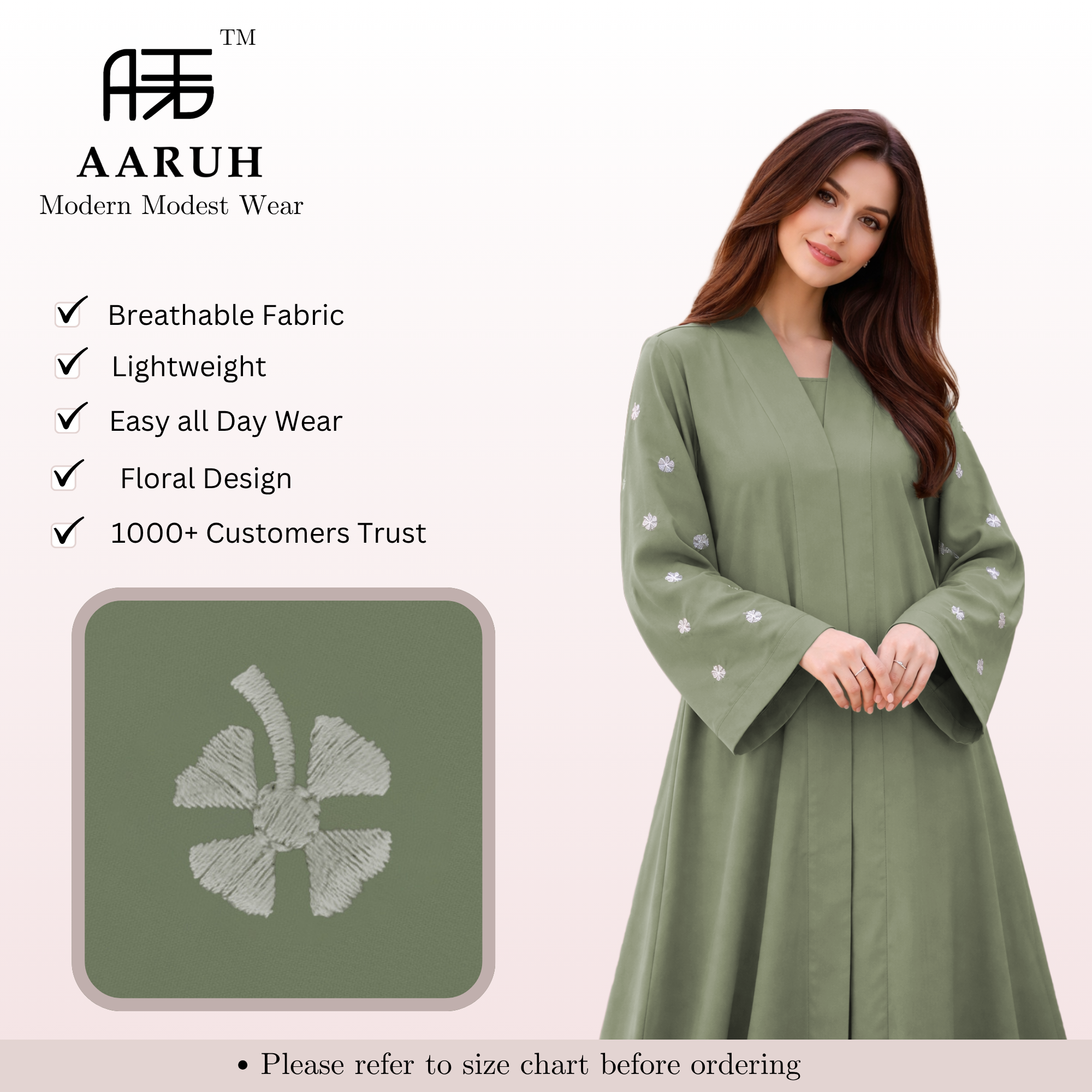 KIMONO GREEN PETAL – Premium Embroidered Kimono Style Abaya | V Neck | Without Hijab | Free Size | AARUH