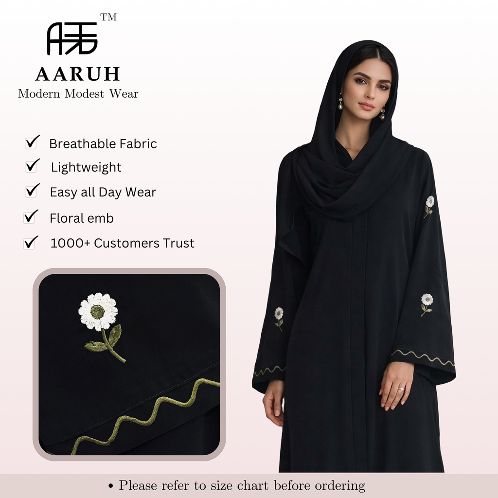 WAVES GREEN – Premium Black Embroidered Abaya with Matching Hijab | V Neck | Free Size | AARUH