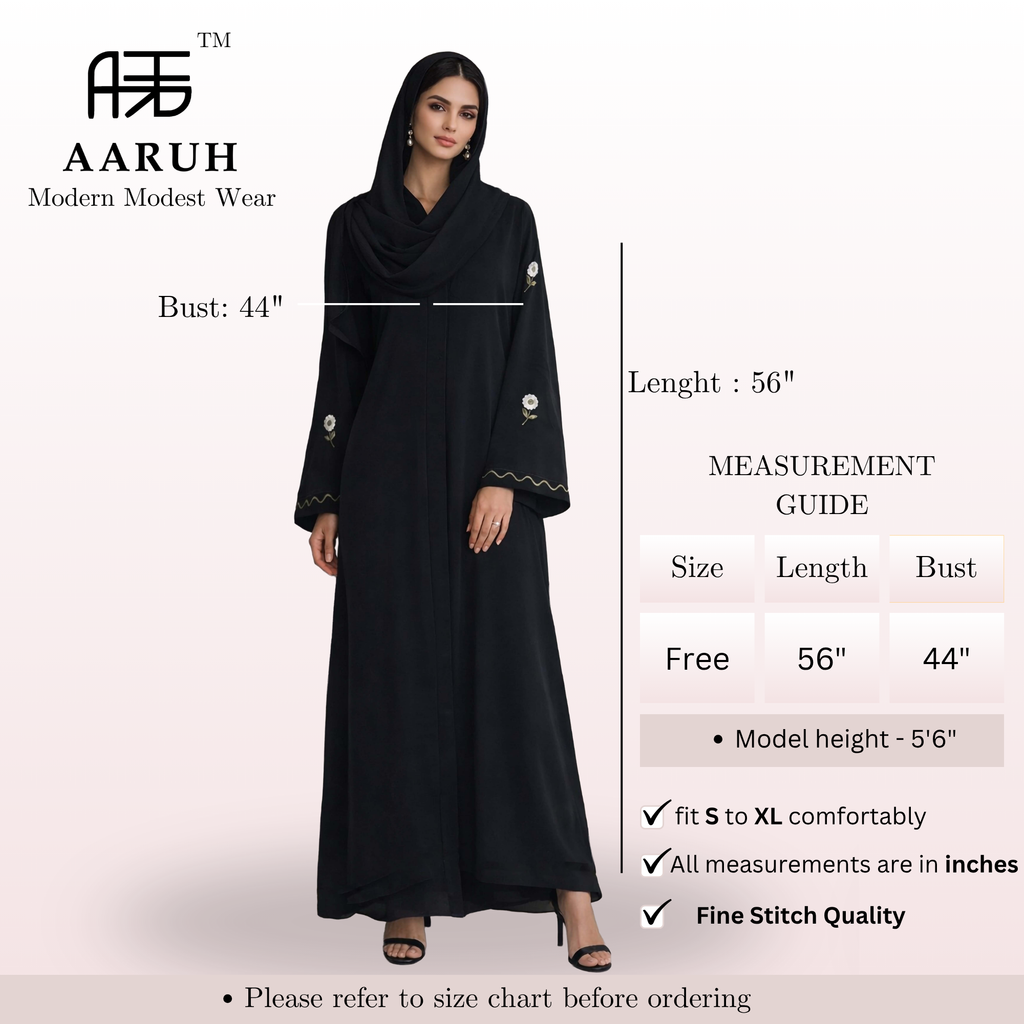 WAVES GREEN – Premium Black Embroidered Abaya with Matching Hijab | V Neck | Free Size | AARUH