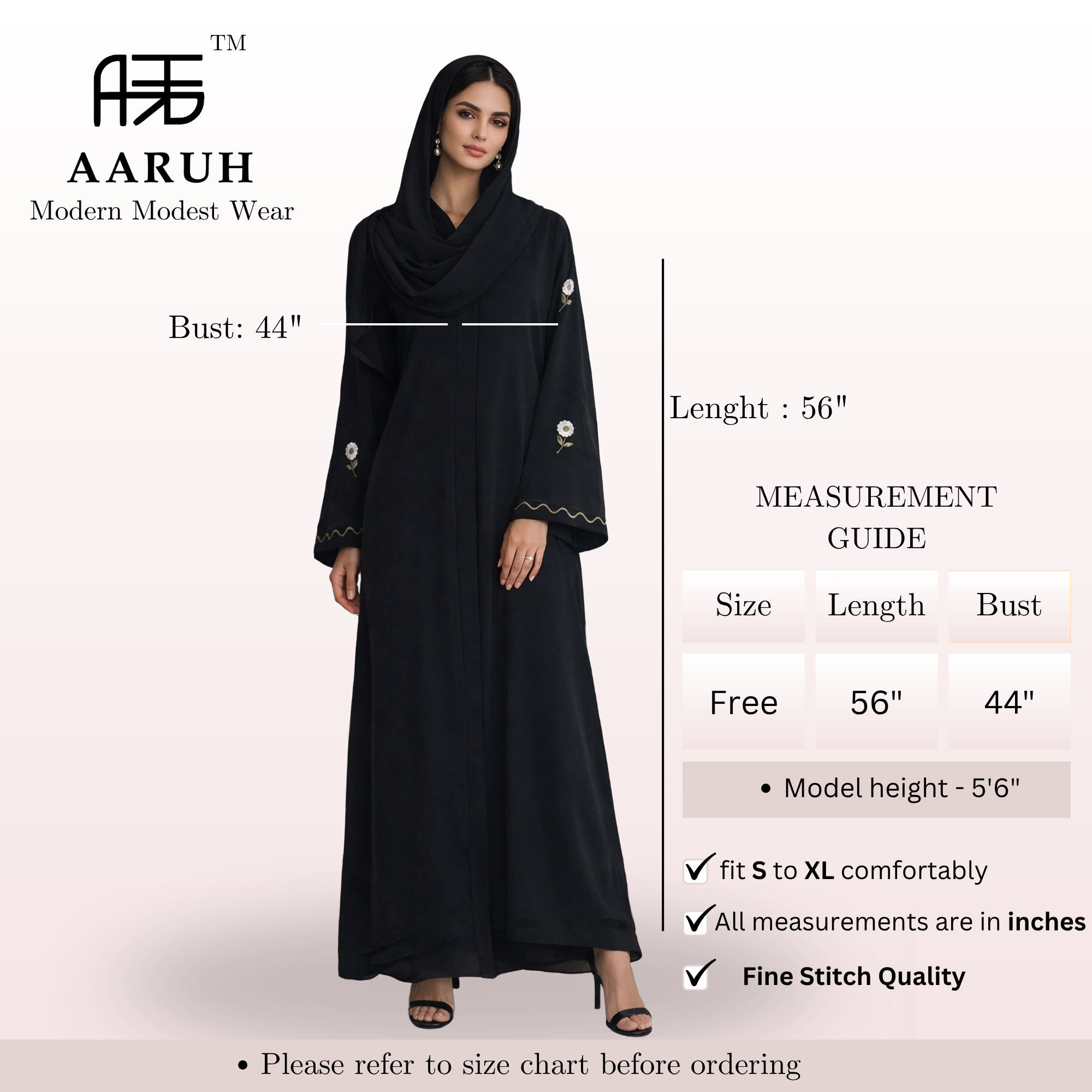 WAVES GREEN – Premium Black Embroidered Abaya with Matching Hijab | V Neck | Free Size | AARUH