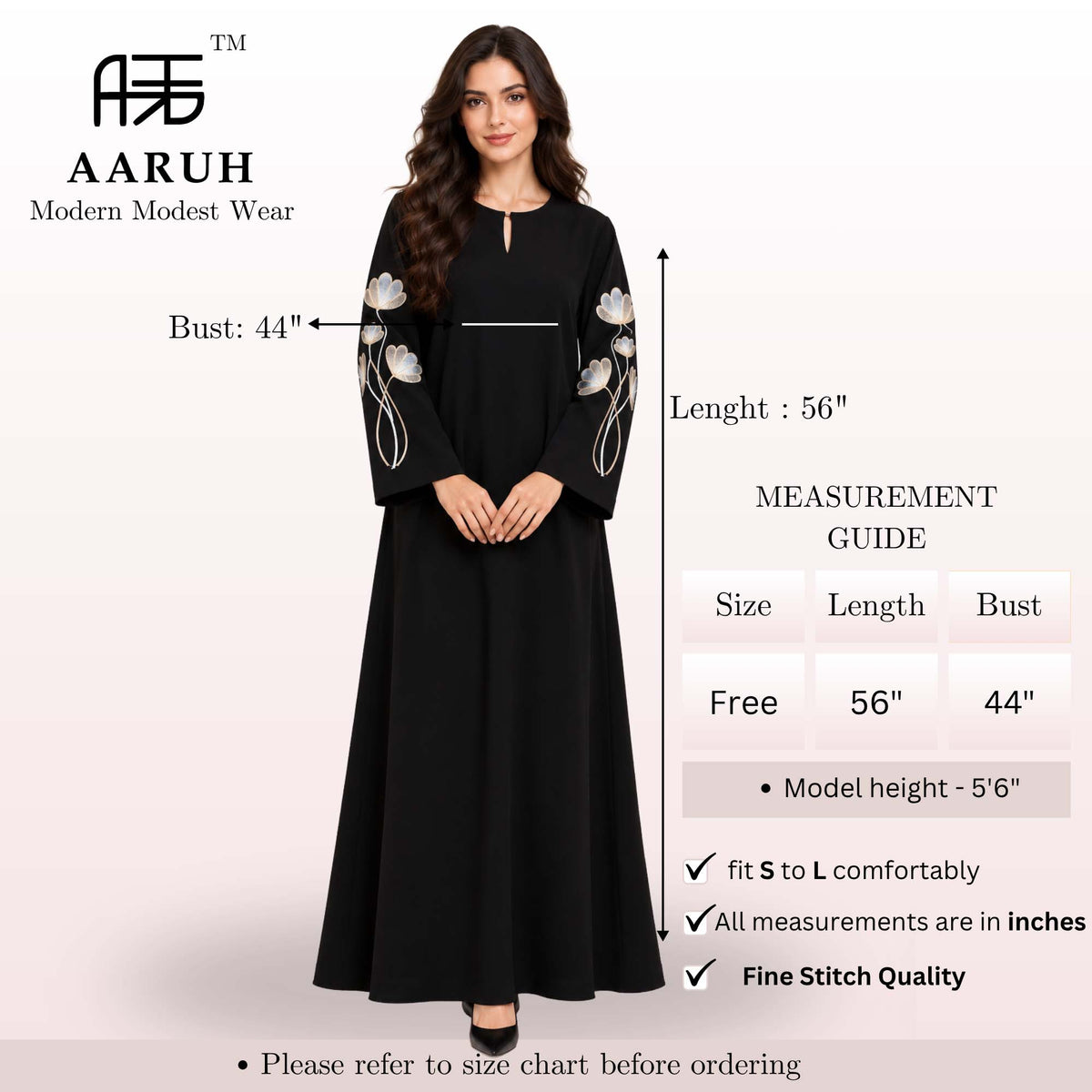 AARUH Black Nysa Embroidered Sleeve Abaya with Keyhole Neck & Flared Fit