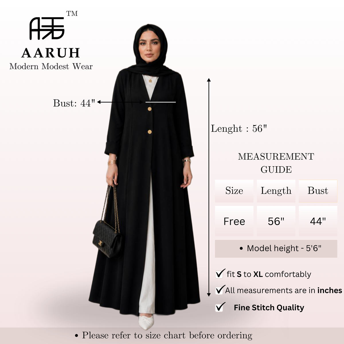 AARUH Black Front-Open Abaya | Elegant Button-Front Long Open Abaya | Modest Women’s Islamic Wear
