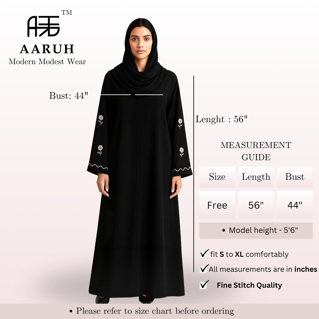 WAVES WHITE – Premium Black Embroidered Abaya with Matching Hijab | V-Neck | Free Size | AARUH