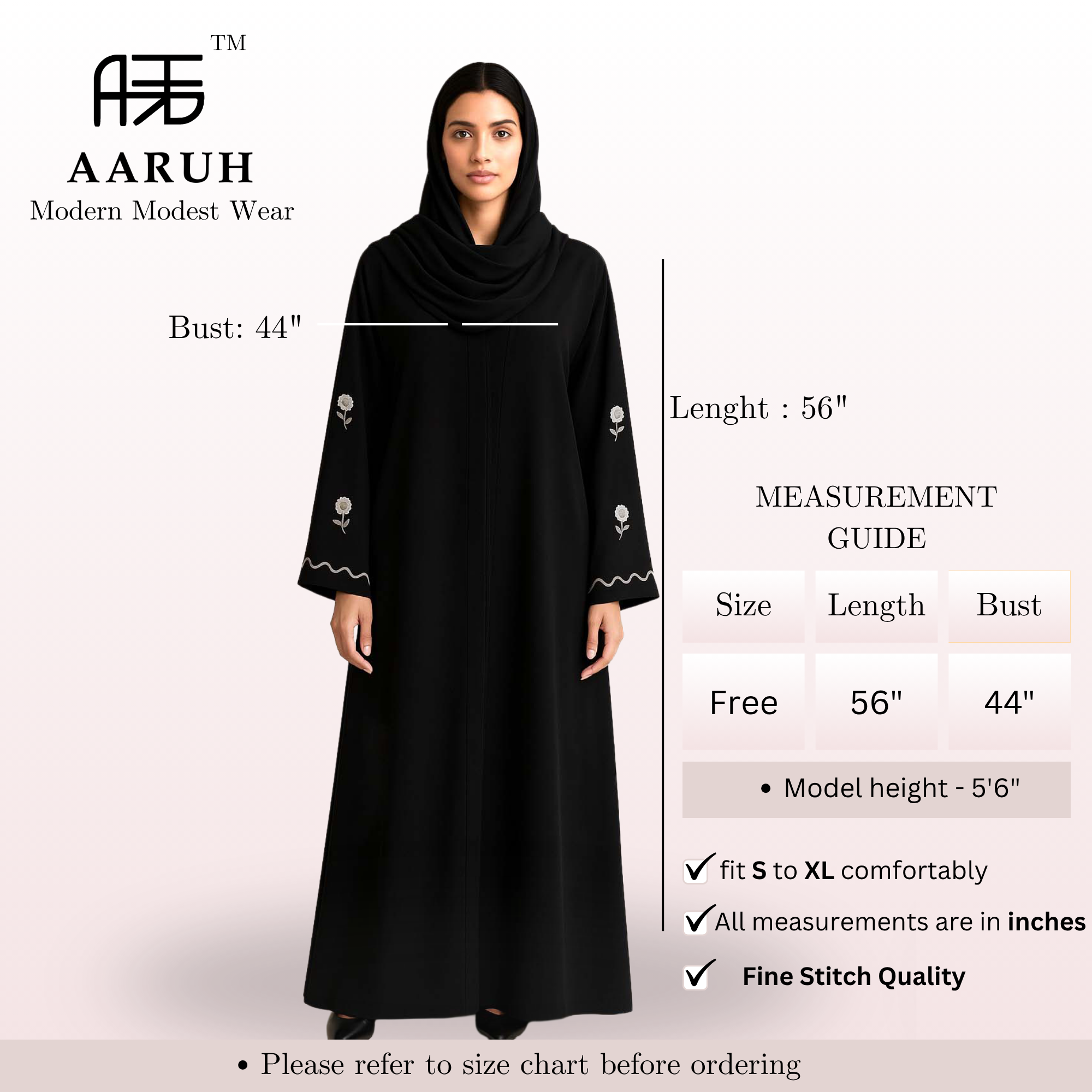 WAVES WHITE – Premium Black Embroidered Abaya with Matching Hijab | V-Neck | Free Size | AARUH