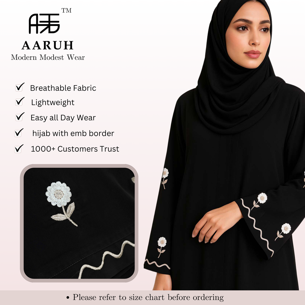 WAVES WHITE – Premium Black Embroidered Abaya with Matching Hijab | V-Neck | Free Size | AARUH