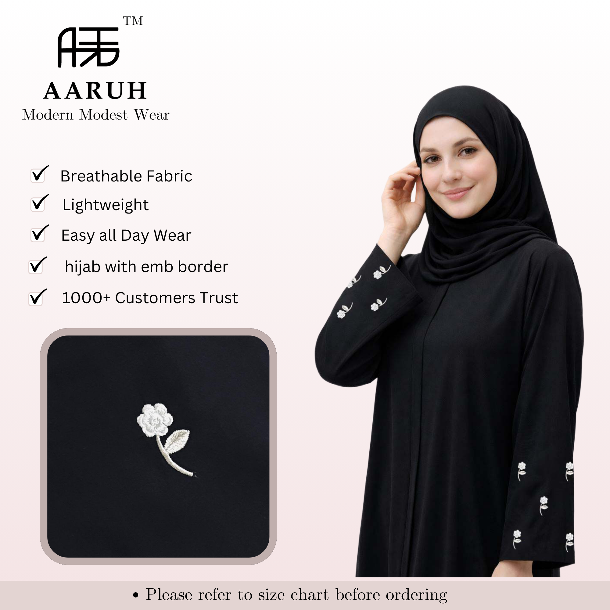 BLOOM WHITE – Premium White Embroidered Abaya with Hijab | Free Size | AARUH