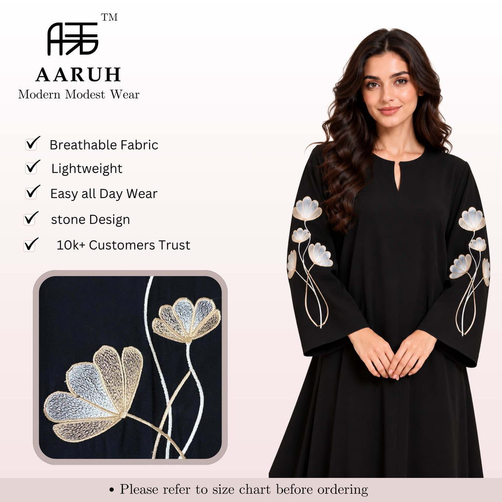 AARUH Black Nysa Embroidered Sleeve Abaya with Keyhole Neck & Flared Fit
