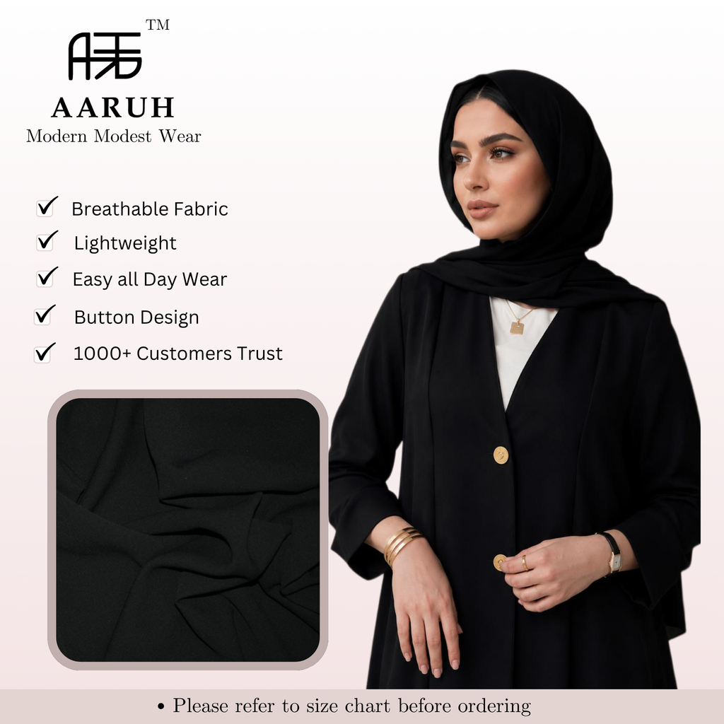 AARUH Black Front-Open Abaya | Elegant Button-Front Long Open Abaya | Modest Women’s Islamic Wear