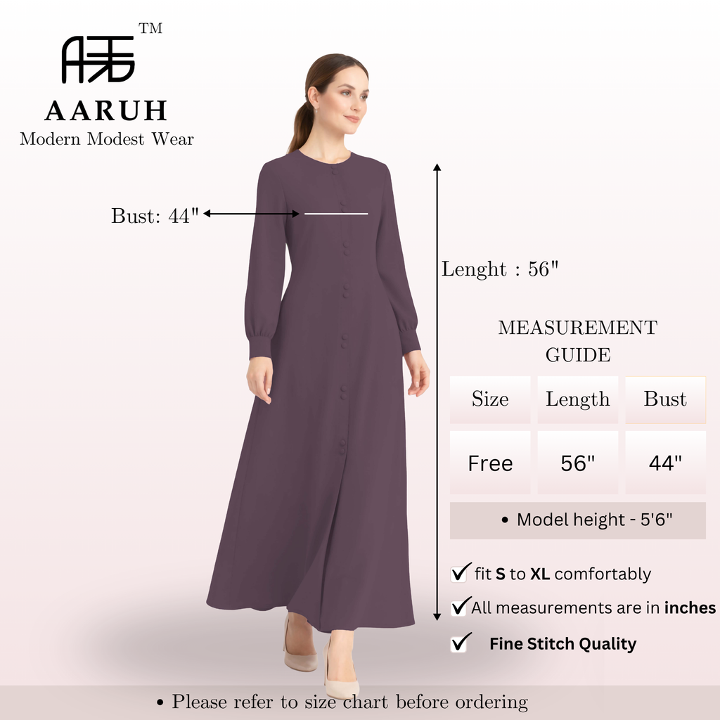 LINA DARK PURPLE – Premium Dark Purple Button Front Abaya | Round Neck | Without Hijab | Free Size | AARUH