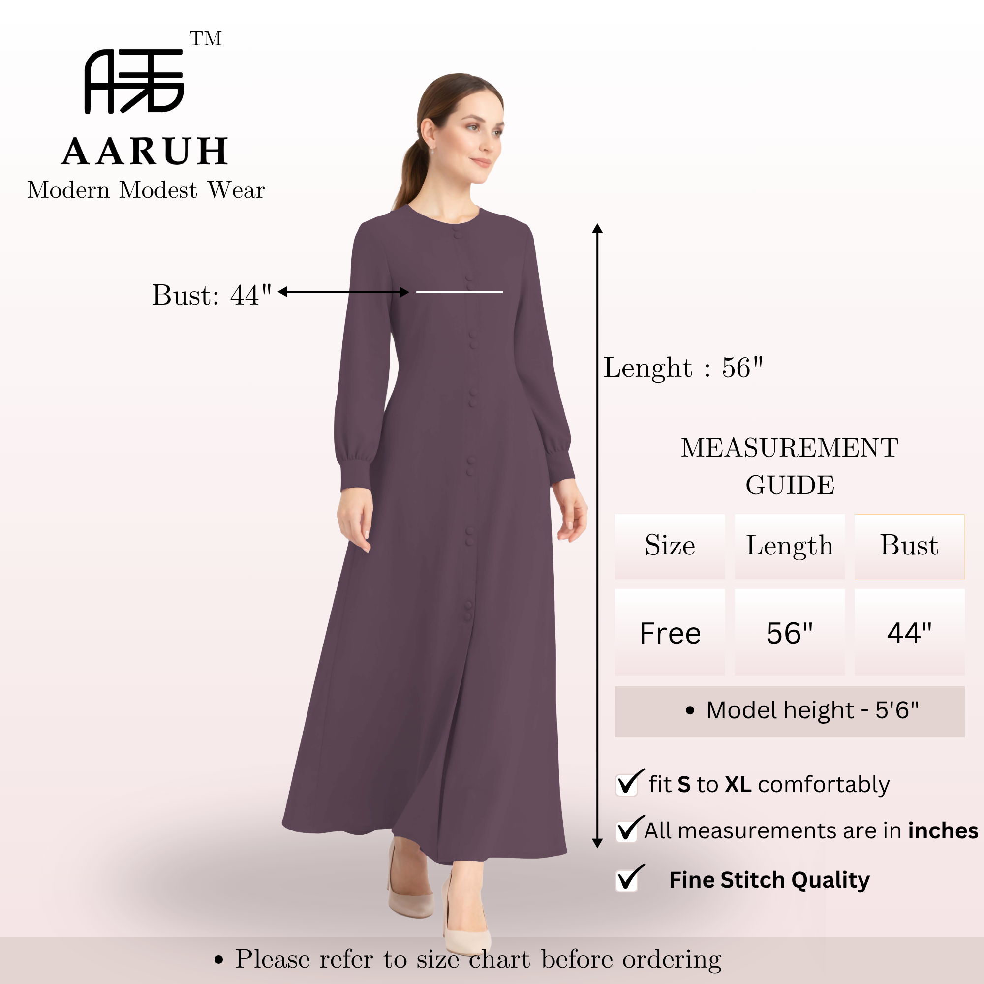 LINA DARK PURPLE – Premium Dark Purple Button Front Abaya | Round Neck | Without Hijab | Free Size | AARUH