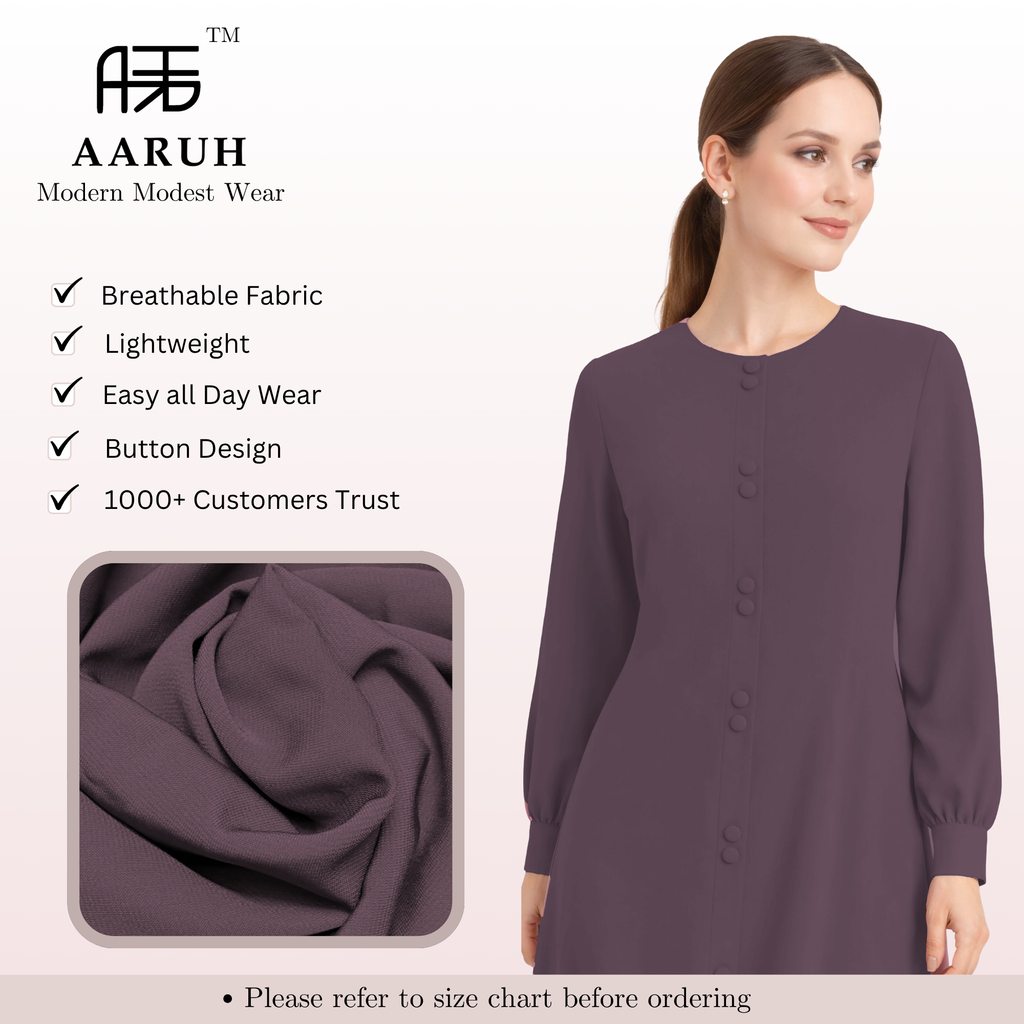 LINA DARK PURPLE – Premium Dark Purple Button Front Abaya | Round Neck | Without Hijab | Free Size | AARUH